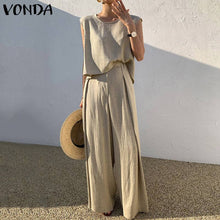 Load image into Gallery viewer, VONDA Fashion Women Palazzo Pant Sets De Mujer Crew Neck Tank Tops And Wide Leg Long Trousers Summer Sleeveless Suits Solid 2PCS