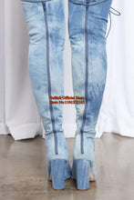 Load image into Gallery viewer, Blue Denim Peep Toe Thigh High Heel Boots