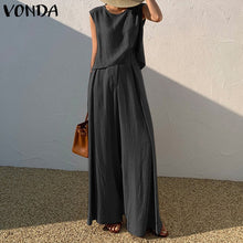 Load image into Gallery viewer, VONDA Fashion Women Palazzo Pant Sets De Mujer Crew Neck Tank Tops And Wide Leg Long Trousers Summer Sleeveless Suits Solid 2PCS