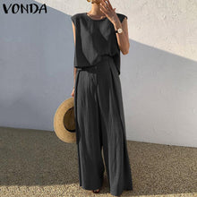 Load image into Gallery viewer, VONDA Fashion Women Palazzo Pant Sets De Mujer Crew Neck Tank Tops And Wide Leg Long Trousers Summer Sleeveless Suits Solid 2PCS
