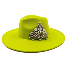 Load image into Gallery viewer, Fedora Hat and Bag Two Piece Straw Green Premium Hat Elegant Women's Jazz Cap Pearl Accessories Big Brim 2022 New Panama Fedoras