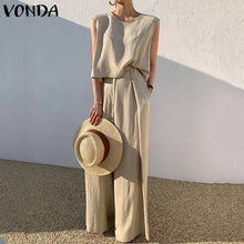 Load image into Gallery viewer, VONDA Fashion Women Palazzo Pant Sets De Mujer Crew Neck Tank Tops And Wide Leg Long Trousers Summer Sleeveless Suits Solid 2PCS