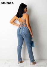 Load image into Gallery viewer, Fashion Denim Lace Up Open Back Pencil Romper
