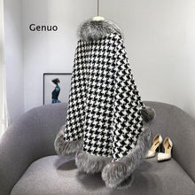 Load image into Gallery viewer, Fashion Houndstooth Knitted Cloak with Faux Fur Trim

