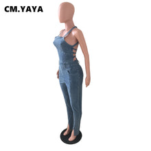 Load image into Gallery viewer, Fashion Denim Lace Up Open Back Pencil Romper
