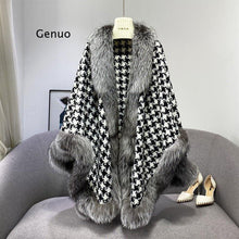 Load image into Gallery viewer, Fashion Houndstooth Knitted Cloak with Faux Fur Trim
