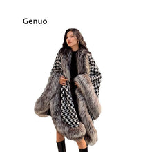 Load image into Gallery viewer, Fashion Houndstooth Knitted Cloak with Faux Fur Trim
