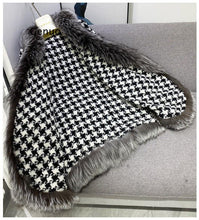 Load image into Gallery viewer, Fashion Houndstooth Knitted Cloak with Faux Fur Trim
