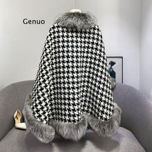 Load image into Gallery viewer, Fashion Houndstooth Knitted Cloak with Faux Fur Trim
