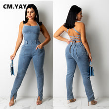 Load image into Gallery viewer, Fashion Denim Lace Up Open Back Pencil Romper
