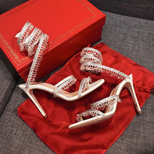 Load image into Gallery viewer, 2022 New Women Snake-like Sandals Chandelier Embellished Satin Sandals Ankle Straps Shimmering Crystals Summer Shoes Handmade

