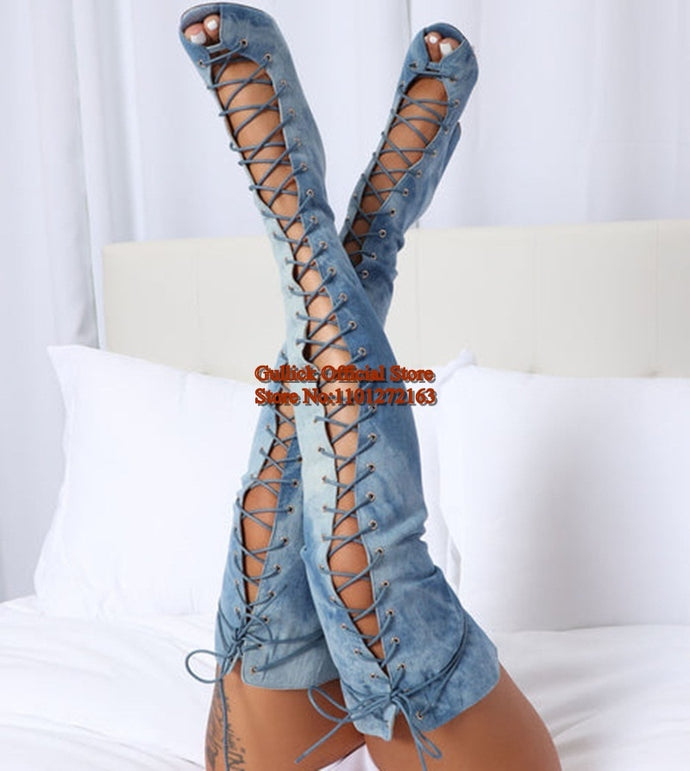 Blue Denim Peep Toe Thigh High Heel Boots