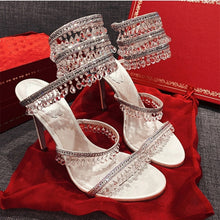 Load image into Gallery viewer, 2022 New Women Snake-like Sandals Chandelier Embellished Satin Sandals Ankle Straps Shimmering Crystals Summer Shoes Handmade
