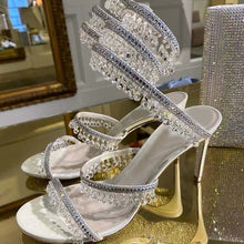 Load image into Gallery viewer, 2022 New Women Snake-like Sandals Chandelier Embellished Satin Sandals Ankle Straps Shimmering Crystals Summer Shoes Handmade
