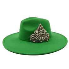 Load image into Gallery viewer, Fedora Hat and Bag Two Piece Straw Green Premium Hat Elegant Women&#39;s Jazz Cap Pearl Accessories Big Brim 2022 New Panama Fedoras
