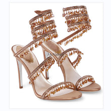 Load image into Gallery viewer, 2022 New Women Snake-like Sandals Chandelier Embellished Satin Sandals Ankle Straps Shimmering Crystals Summer Shoes Handmade
