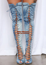 Load image into Gallery viewer, Blue Denim Peep Toe Thigh High Heel Boots
