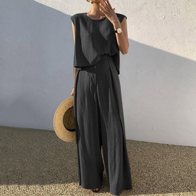 VONDA Fashion Women Palazzo Pant Sets De Mujer Crew Neck Tank Tops And Wide Leg Long Trousers Summer Sleeveless Suits Solid 2PCS