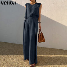 Load image into Gallery viewer, VONDA Fashion Women Palazzo Pant Sets De Mujer Crew Neck Tank Tops And Wide Leg Long Trousers Summer Sleeveless Suits Solid 2PCS
