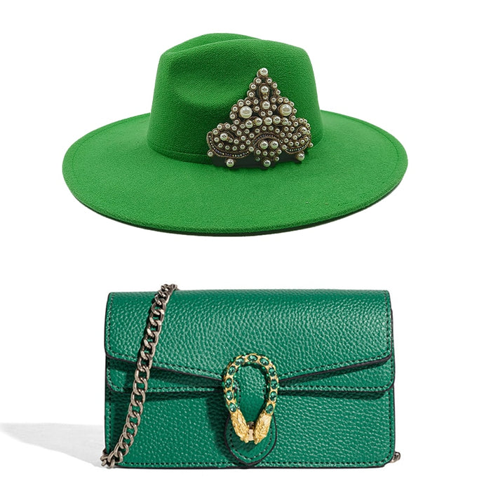 Fedora Hat and Bag Two Piece Straw Green Premium Hat Elegant Women's Jazz Cap Pearl Accessories Big Brim 2022 New Panama Fedoras