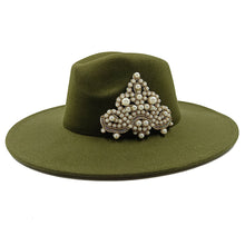 Load image into Gallery viewer, Fedora Hat and Bag Two Piece Straw Green Premium Hat Elegant Women&#39;s Jazz Cap Pearl Accessories Big Brim 2022 New Panama Fedoras
